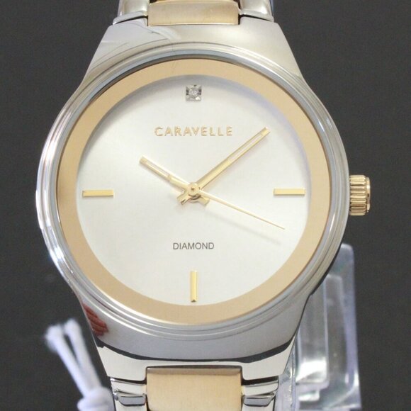 Caravelle Ladies Modern Design Watch By Bulova Diamond At 12 Silver - Gold Tone - Picture 9 of 12